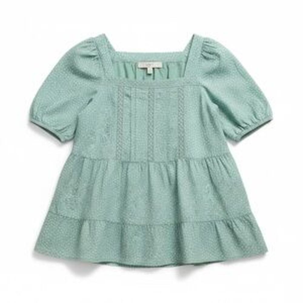 LOFT Mint Green Polka Dot Puff Sleeve Lace Trim Cotton Tiered Peplum Top Medium